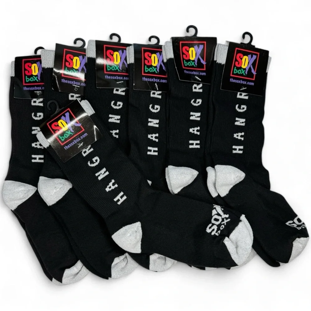 The Sox Box Hangry Crew Socks OSFM Mid Calf Black Gray Humor Novelty 7 Pairs New